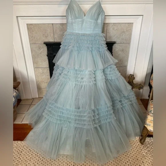 Sherri Hill Light Blue Tiered Gown with Silver Accents - Picture 1 of 6